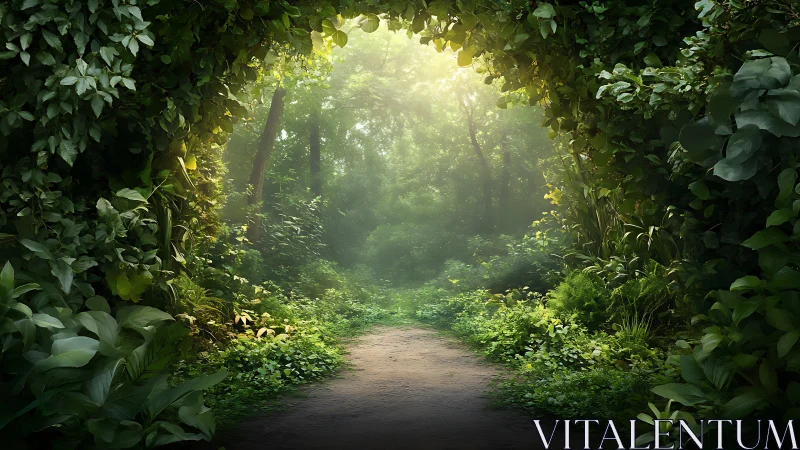 Forest path tunnel with dense green foliage and atmospheric light filtering through canopy