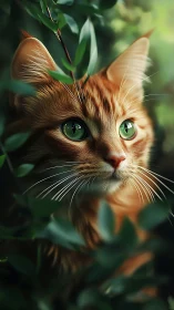 Curious green eyed ginger cat peeking softly through leaves.