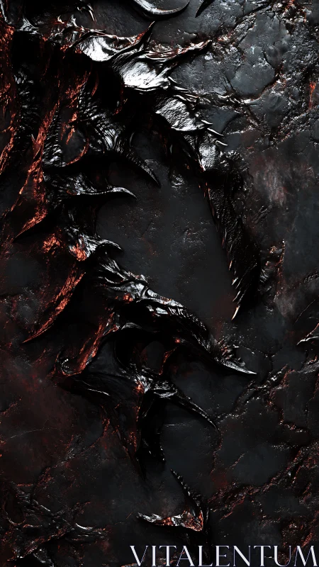 Dark organic spikes on molten black metallic surface.