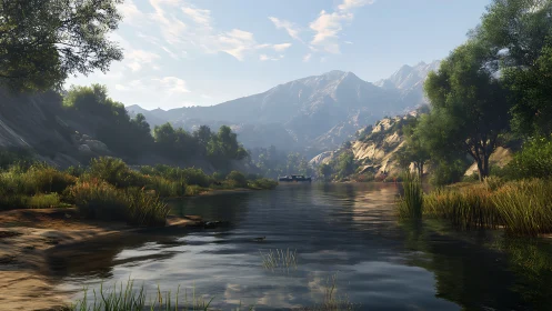 Mountain lake reflects tranquil trees in late afternoon light.