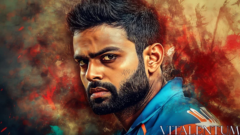 Intense bearded athlete portrait over fiery abstract background.