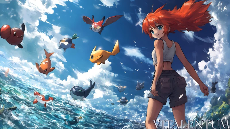 Red-haired girl surveys flying sea creatures above ocean