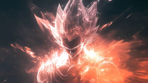 Fiery glowing warrior with spiked hair in intense aura.