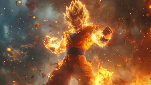 Dynamic anime fighter in blazing elemental power aura.