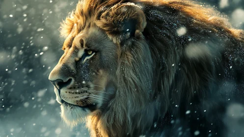 Majestic lion profile glows through swirling winter snow.