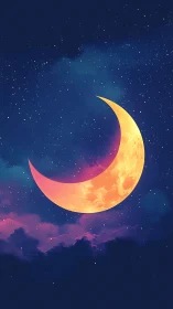 Luminous crescent moon over nebular night cloudscape panorama.