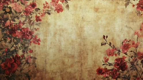 Vintage floral background shows red blossoms on aged paper