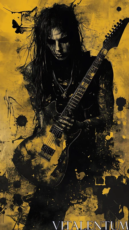 Brooding rock guitarist emerges from chaotic ink and gold haze