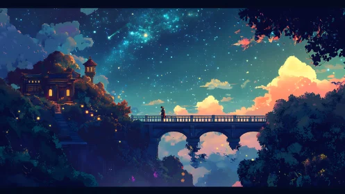 Digital painting of starry bridge vista with luminous clouds.
