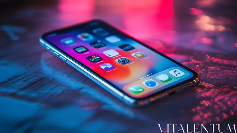 Smartphone display with application icons under neon illumination.