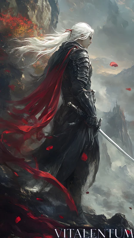 White haired dark knight with crimson cape on cliff ledge