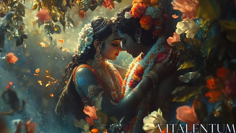 Divine Lovers Adorned in Floral Splendor Within Golden Luminescence.