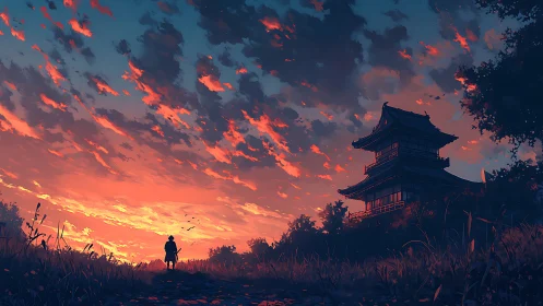 Lone samurai walks toward a silent pagoda at burning dusk