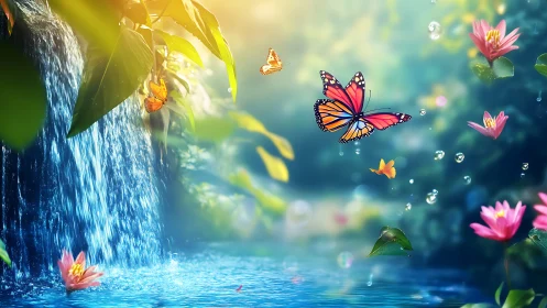 Vibrant butterflies over waterfall in dreamy fantasy nature scene.