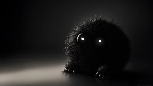 Shy midnight fluff creature blinking under soft spotlight.