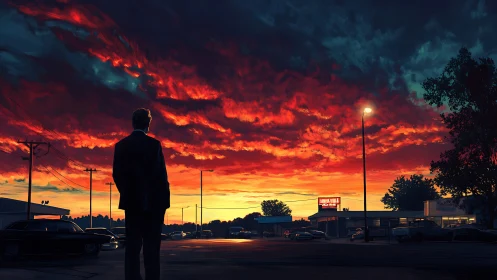 Solitary suited figure under incendiary suburban sunset sky