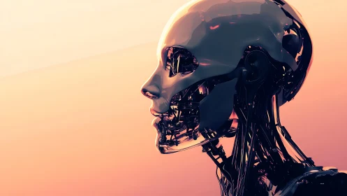 Specular synthetic cranial profile with exposed mechanoid chassis.