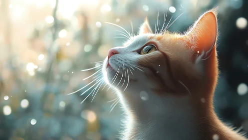 White Cat Gazing Upward with Luminous Bokeh Backdrop.