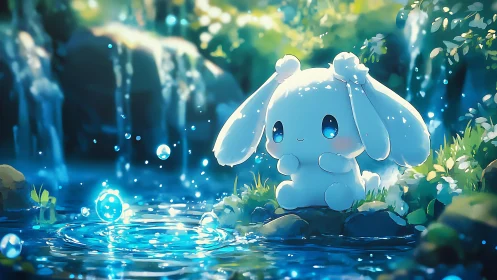 Cartoon rabbit-like creature by forest waterfall pool.