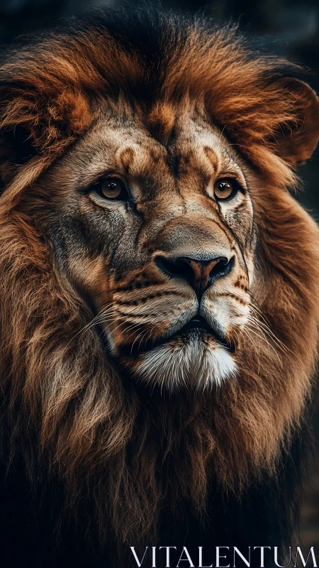 Portrait of a male lion with full mane in soft light.