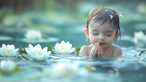 Gentle child enjoys a peaceful moment among soft water lilies