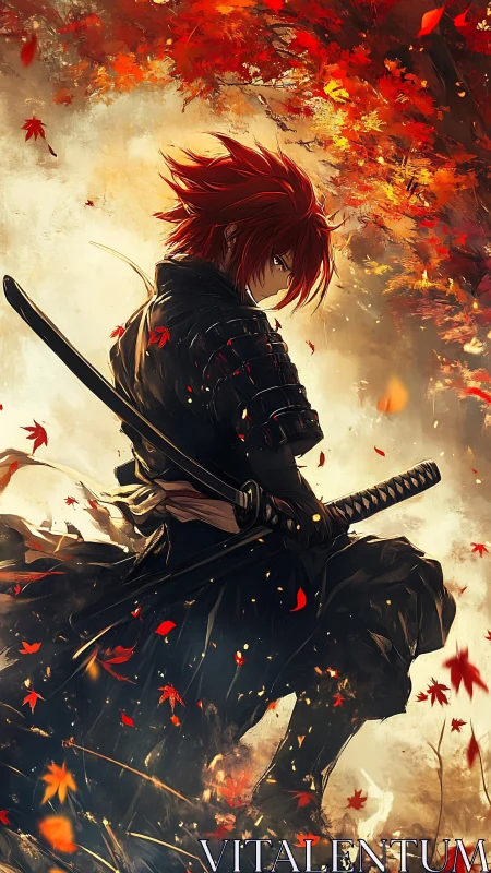 Red haired samurai stands beneath blazing autumn maple canopy