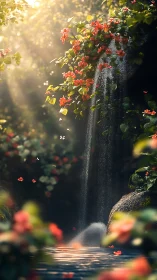 Sunlit forest waterfall framed by vivid red blossoms.
