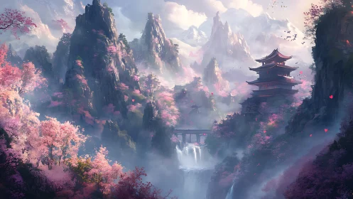 Cherry blossom mountains frame tiered pagoda in misted valley