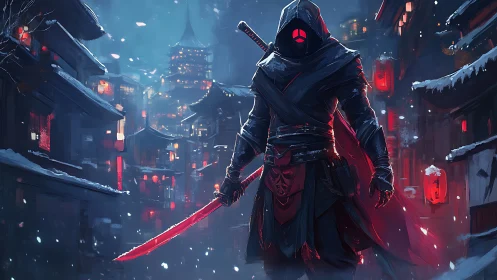 Hooded cyber ninja stalks snowy neon alley with red blade