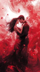 Couple in red ink swirls: portrait study with flowing atmospheric effects