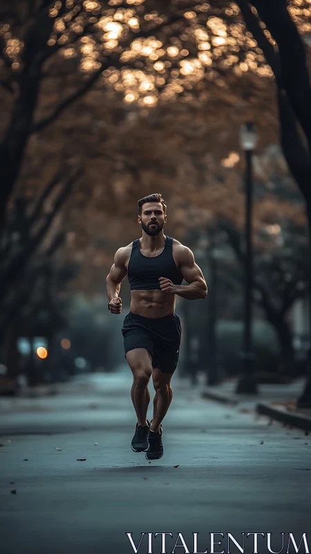 Muscular runner sprints through quiet tree lined city street