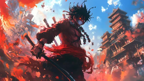Fiery anime warrior dominates burning Edo fortress skyline