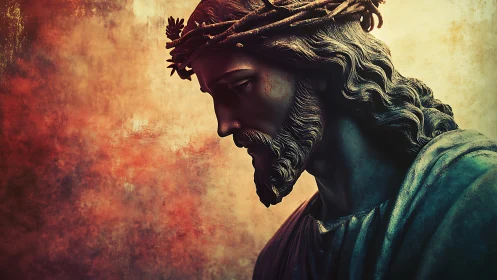 Digital chiaroscuro portrait of crowned figure in profile