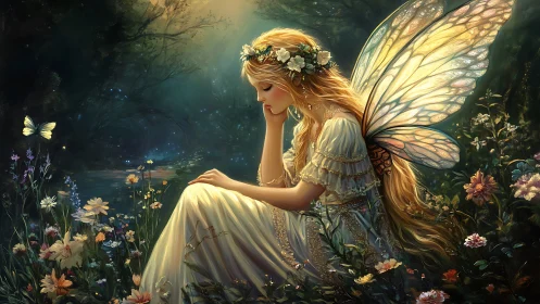 Moonlit meadow fairy in luminous wings at rest.