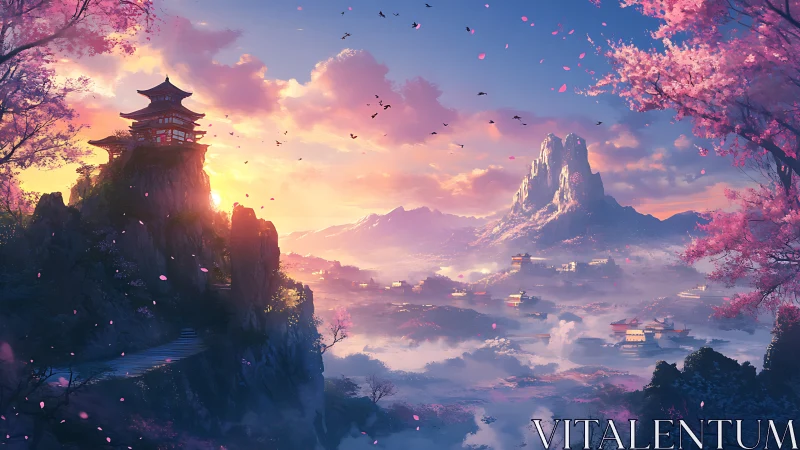 Mountain valley with pagoda, cherry trees and distant peaks.