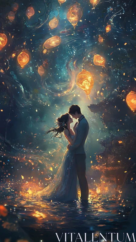 Ethereal couple embraced beneath luminous celestial orbs in mystical aquatic space