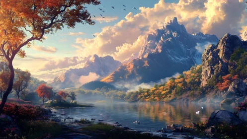 Mountain lake at sunrise with autumn forest and clouds.