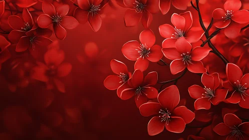 Digital illustration depicting layered red cherry blossoms with depth-of-field blur effects