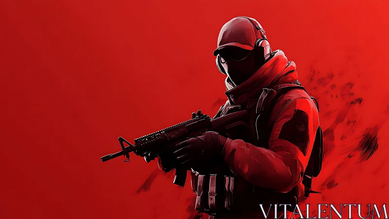 Tactical operator silhouette with carbine on red minimalist field