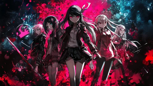Crimson-shadowed anime squad strides through electric chaos.