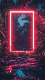 Neon portal glows in a mysterious jungle path at twilight