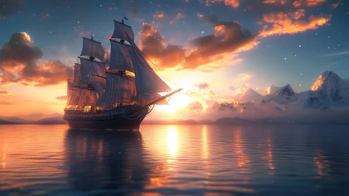 Tall ship on calm sea with sunset and distant snowy peaks.