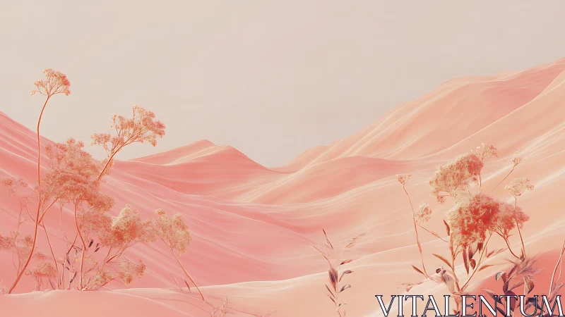 Soft pink desert dunes with sparse delicate plants.