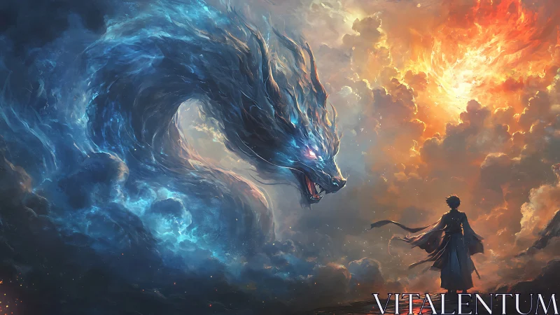 Celestial dragon confronts lone warrior amid bifurcated sky.
