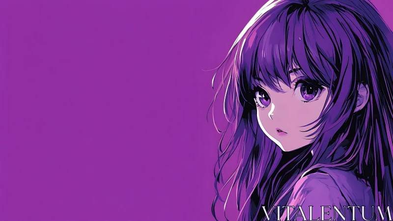 Purple-haired anime girl gazes back against vivid backdrop.