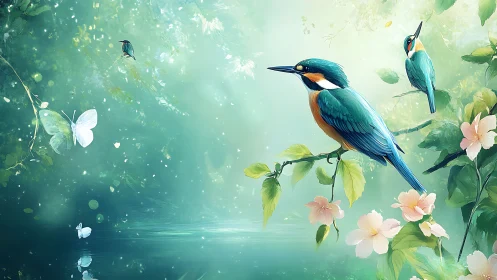 Vibrant Kingfishers and Butterflies in Dreamy Watercolor Scene.