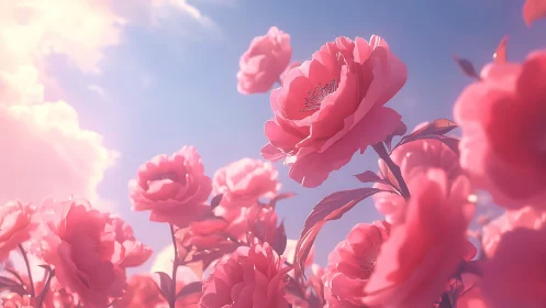 Pink Peonies Blooming Against Luminous Blue Sky