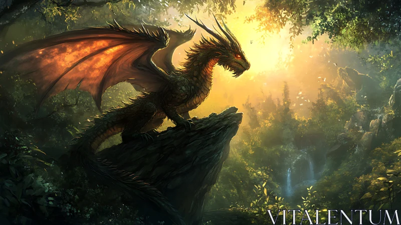 Winged dragon on rocky outcrop in dense sunlit forest.