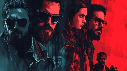 Stylized portrait lineup of serious figures in red and teal.