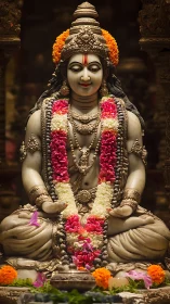 Stone Hindu deity statue adorned with flowers and garlands.